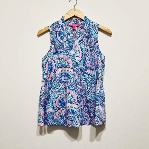 Lilly Pulitzer Novella Ruffle Hem Cotton Top Blue Grotto Commotion In The Ocean - Picture 1 of 4